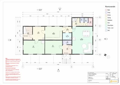 Etasjeplan (Romoversikt) for et hus med romfordeling, mål og areal.