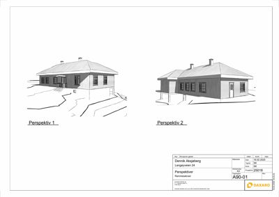 To perspektivtegninger (renderinger) av en enebolig sett fra ulike vinkler.
