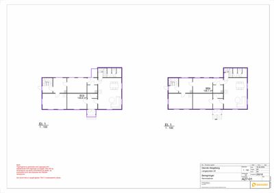 Etasjeplan (El. 1) med romfordeling, arealoppdelinger (BYA, BSA) og stueplaner for to alternativer.
