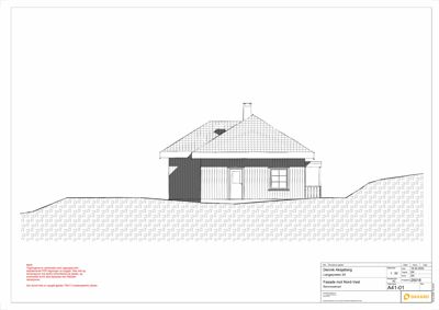 Fasadetegning som viser bygningens utseende fra Nord-Vest, inkludert takform, vinduer, dører og terrengforhold.