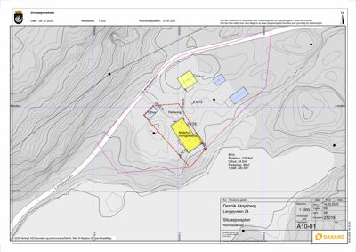 Situasjonsplan som viser tomtens beliggenhet, topografi, naboeiendommer og planlagt bebyggelse med arealopplysninger.