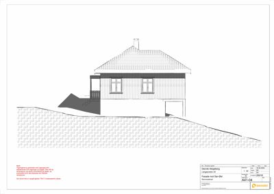 Fasadetegning av en hytte sett fra sør-øst