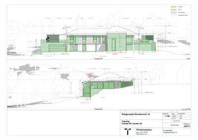Fasadetegning som viser bygningens utseende fra nordvest (NV) og sørvest (SV), inkludert materialer, dimensjoner og terrengforhold.