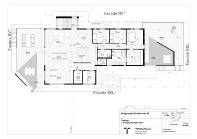 Etasjeplan (2. etasje) for boligprosjektet Stordalsveien 18, som viser romfordeling, fasader og arealer.