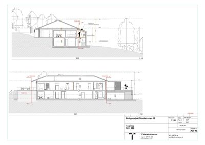 Snittegning av en bolig som viser romfordeling, høyder og konstruksjon gjennom bygningen.