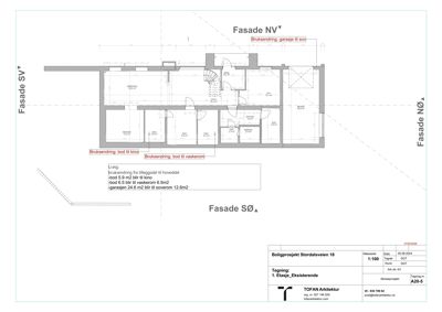 Fasadetegning som viser oppriss av bygningen sett fra fire sider (NV, NØ, SØ, SV) med angitte bruksendringer og romarealer.