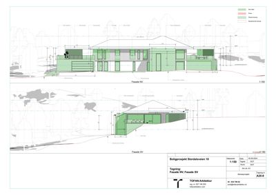 Fasadetegning som viser bygningens utseende fra nordvest (NV) og sørvest (SV), inkludert detaljer om vinduer, vegger og terrengforhold.
