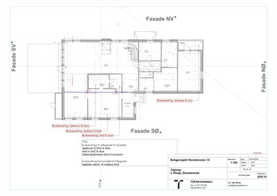 Etasjeplan (2. etasje) med romfordeling, dører, vinduer og brukssendingsmerknader.