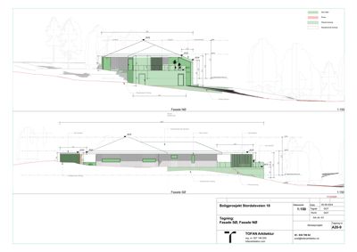 Fasadetegning som viser bygningens utseende sett fra nord (NØ) og sør (SØ), inkludert mål, terrengforhold og fargelegging.