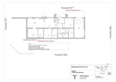 Etasjeplan for 1. etasje i eksisterende bygning med romfordeling, fasaderetninger og brukssendringer.