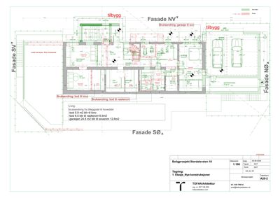 Etasjeplan (1. etasje) med romfordeling, mål, og endringer i bruksendring (f.eks. bod til kino, garasje til soverom).