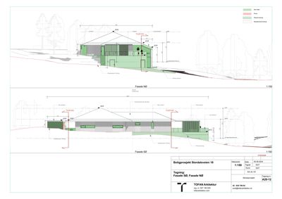 Fasadetegning som viser bygningens utseende sett fra nord og søderetning, med mål og detaljer.