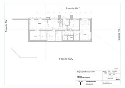 Tegning som viser fasadeoppsettet for en bygning sett fra fire sider (Nord, Sør, Øst, Vest).