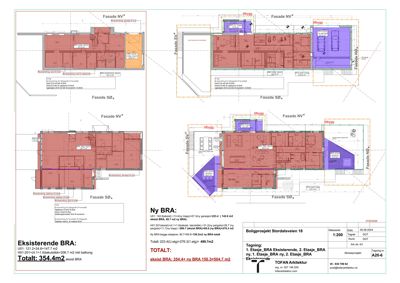 Etasjeplaner (BRA) for en boligprosjekt med eksisterende og ny arealoppdeling, inkludert fasadeindikasjoner.