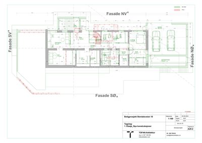 Etasjeplan (DGT) som viser romfordeling, arealer og fasader for et boligprosjekt.