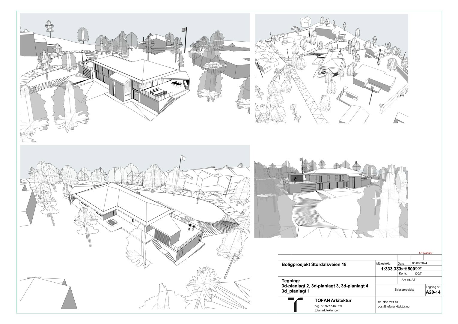 Bildet viser en serie med 3D-visualiseringer (renderinger) av et boligprosjekt sett fra ulike vinkler, inkludert situasjonsvisning. Tegningen har også teknisk informasjon i bunnen.