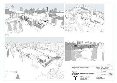 Bildet viser en serie med 3D-visualiseringer (renderinger) av et boligprosjekt sett fra ulike vinkler, inkludert situasjonsvisning. Tegningen har også teknisk informasjon i bunnen.