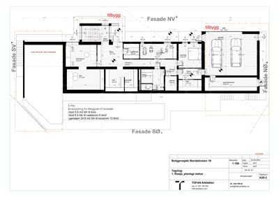 Etasjeplan (1.etg) med romfordeling, mål og notasjoner om tilbygg.