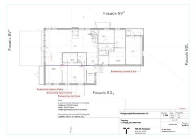 Etasjeplan (1.etg) med romfordeling, bruksendringer og fasaderetning.