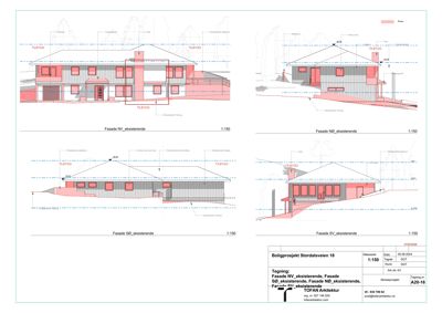 Fasadetegning som viser bygningens utsyn fra fire sider (NV, NO, SO, SV) med eksisterende og tilbyggingsdelene markert.