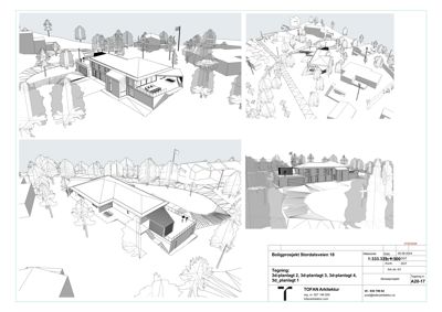 Bildet viser fire ulike 3D-visualiseringer (renderinger) av et boligprosjekt sett fra forskjellige vinkler, inkludert omgivelsene.