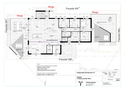 Etasjeplan (2. etasje) med romfordeling, mål og fasadeopprikk for et boligprosjekt.