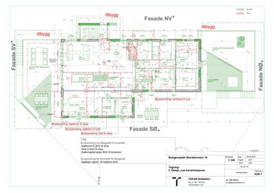 Etasjeplan (2. etasje) med romfordeling, dimensjoner og endringer i forhold til eksisterende hus.
