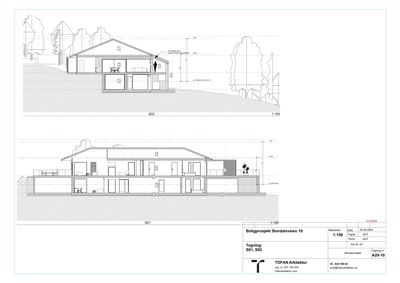 Snittegning av en bolig som viser romfordeling, høyder og konstruksjon gjennom bygningen.
