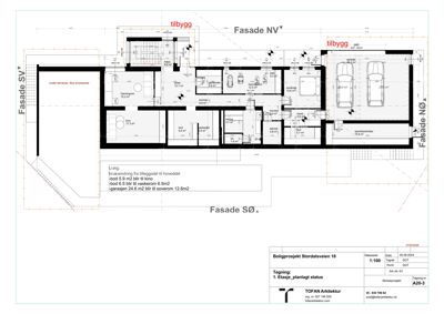 Etasjeplan (1. etg) med romfordeling, mål og notasjoner om tilbygg.