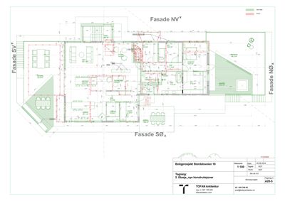 Etasjeplan (2. etasje) med romfordeling, fasader og konstruksjonsdetaljer.