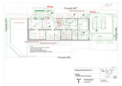Etasjeplan (1. etasje) med romfordeling, dimensjoner, og endringer i bruksareal (tilbygg, kinosal, vaskerom).