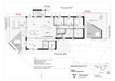 Etasjeplan (2. etasje) for boligprosjektet Stordalsveien 18, som viser romfordeling, tilleggsdel og fasader.
