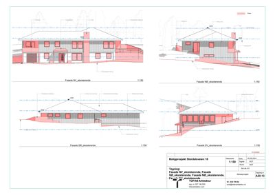 Fasadetegning som viser bygningens utsyn fra fire ulike sider (NV, NO, SO, SV) med skisse over eksisterende fasade.