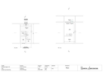 Etasjeplaner (Plan 1. etg og Plan 2. etg) som viser romfordeling, mål og funksjoner i bygningen.