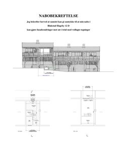 Bildet viser en fasadetegning (opprikk) av et hus, samt to mindre etasjeplaner for samme bygning.