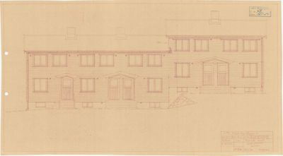 Fasadetegning som viser fronten på en toetasjes bygning med vinduer, dører og takform.