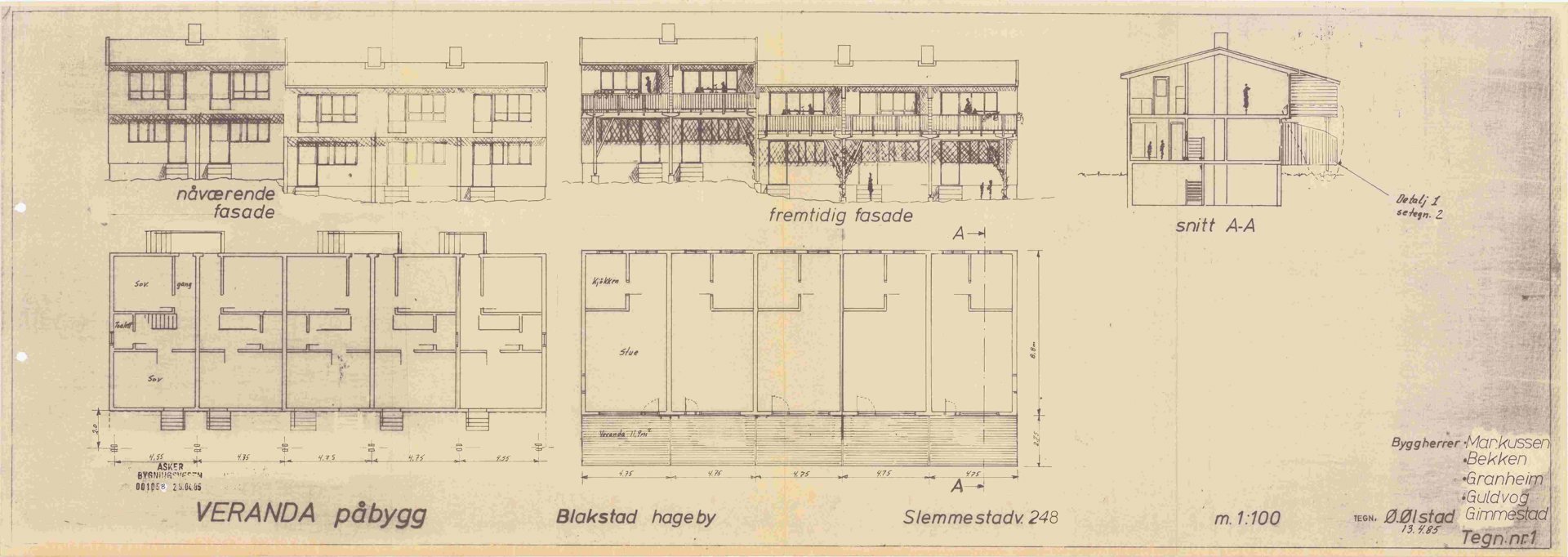 En tegning som viser nåværende og fremtidig fasade på en bygning, samt et snitt (A-A) og en etasjeplan.