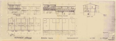 En tegning som viser nåværende og fremtidig fasade på en bygning, samt et snitt (A-A) og en etasjeplan.