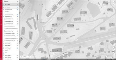 Kartvisning av et område med bygninger, veier og topografi, sannsynligvis fra et digitalt kartsystem.