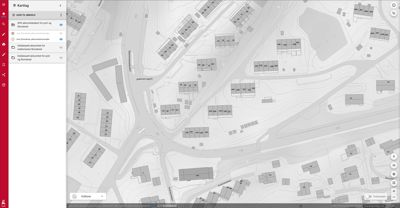 Et digitalt kart (GIS) som viser et nabolag med bygninger, veier og terrengforhold.