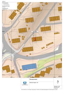 Situasjonskart som viser eiendomsgranser, naboeiendommer, veier og topografi for eiendommen Blakstad Hageby 12D.