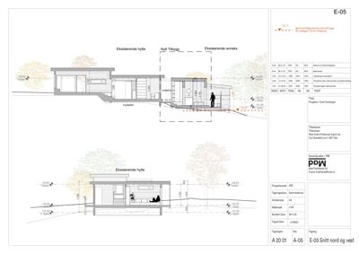 Snittegning som viser tverrsnitt gjennom eksisterende hytte, nytt tilbygg og eksisterende annekset. Tegningen illustrerer høyder, takhøyder og forhold mellom bygningene.