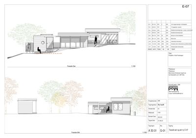 Fasadetegning som viser bygningens utseende fra øst og sør med omgivelsene.