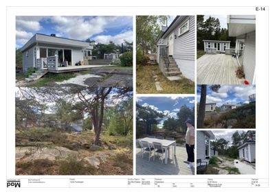 En collage av flere foton som viser en hytte, omgivelser og detaljer.