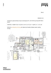 Dette bildet viser en plantegning (etasjeplan) for en nybygget bolig. Tegningen illustrerer romfordeling, vegger, dører, vinduer, trapp og uteplasser (terrasse, hage).