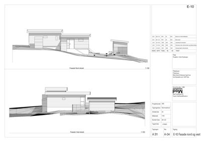 Fasadetegning (opprikk) som viser bygningens utseende sett fra nord og vest.