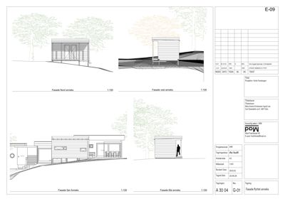 Fasadetegning som viser bygningens utseende fra fire ulike vinkler (Nord, Vest, Sør og Øst).
