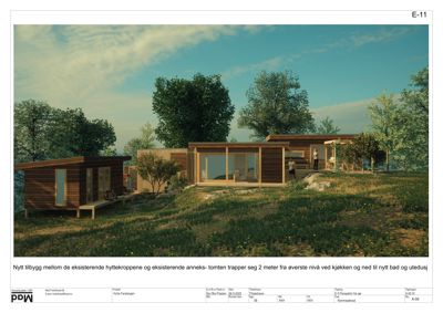 3D-visualisering (rendering) av et nytt tilbygg mellom eksisterende hyttekropper og annekset, sett fra sørvest.