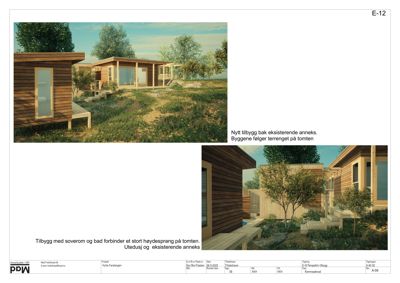3D-visualisering av et nytt tilbygg bak eksisterende anneks, med beskrivende tekst og tegningsinformasjon.