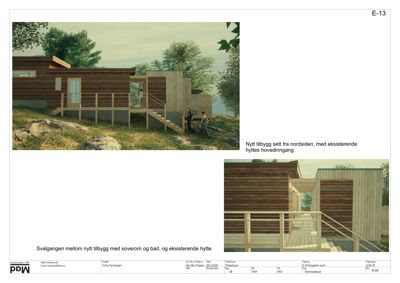 3D-visualisering (rendering) av et nytt tilbygg sett fra nordsiden, inkludert eksisterende hytte og svalgang.